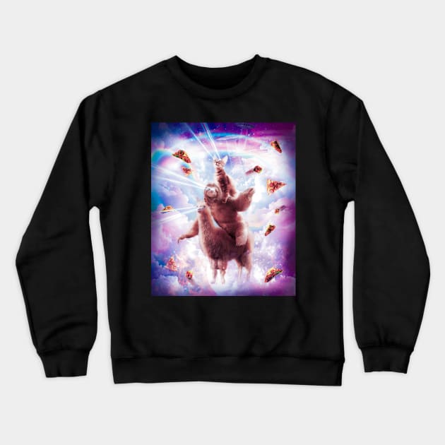 Laser Eyes Space Cat Riding Sloth, Llama - Rainbow Crewneck Sweatshirt by Random Galaxy